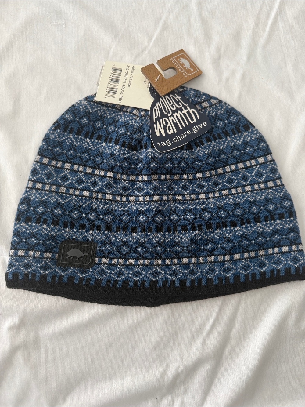 Blue Patterned Knit Beanie with Project Warmth Tag - Men